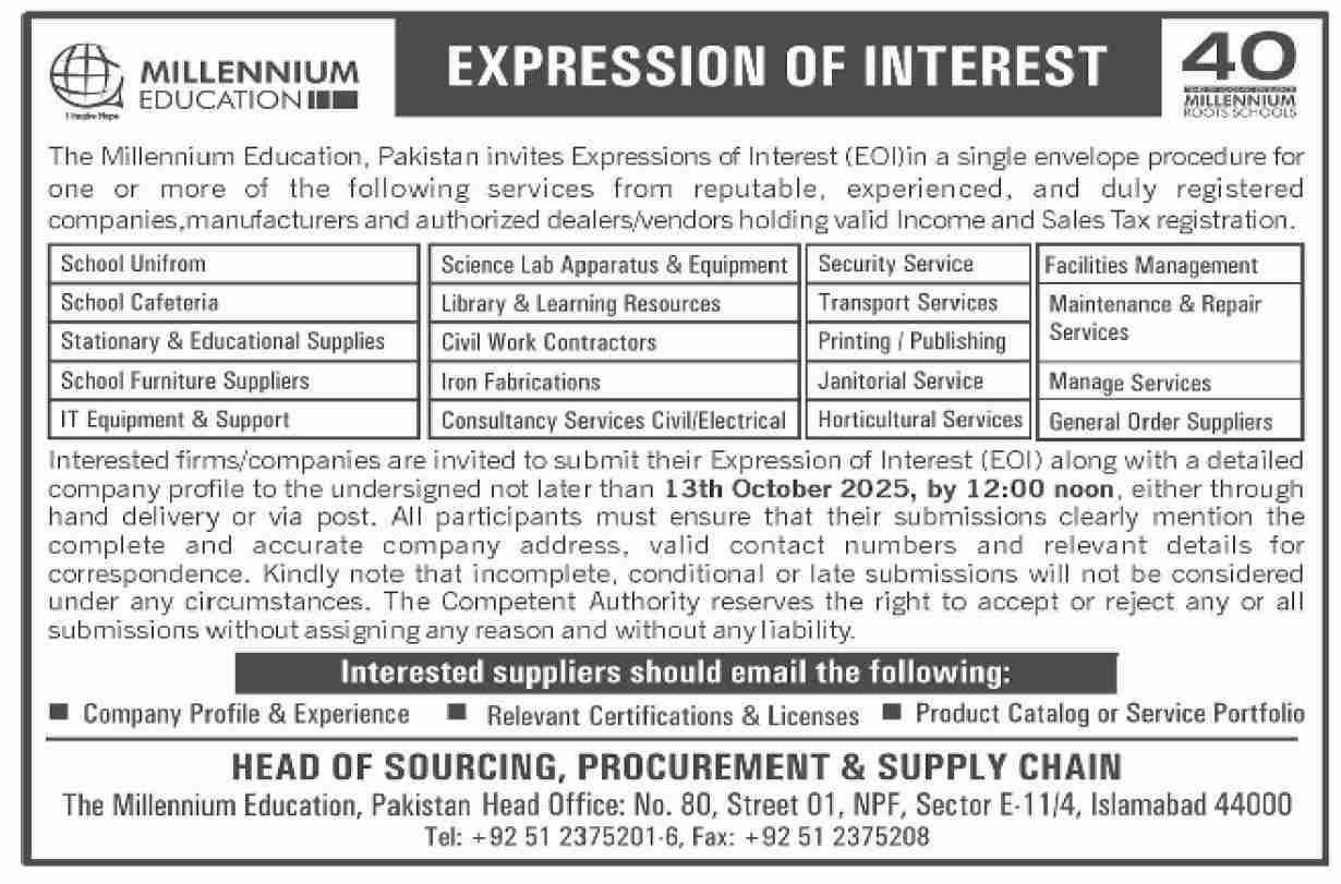 The Millennium Education Pakistan Tender Notice
